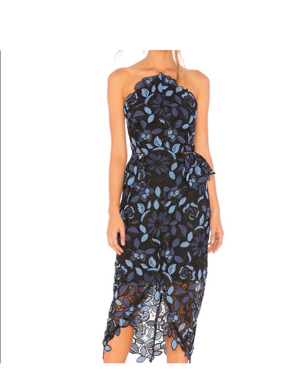Elliatt Strapless Black and Blue Floral Lace Midi Dress size Xs